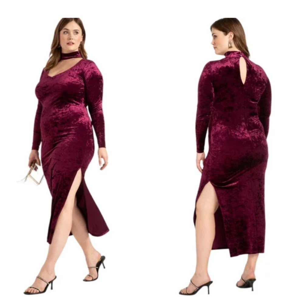 NEW Eloquii Velvet Pickled Beet Cut Out Long Sleeve Dress, 16 Choker Neck